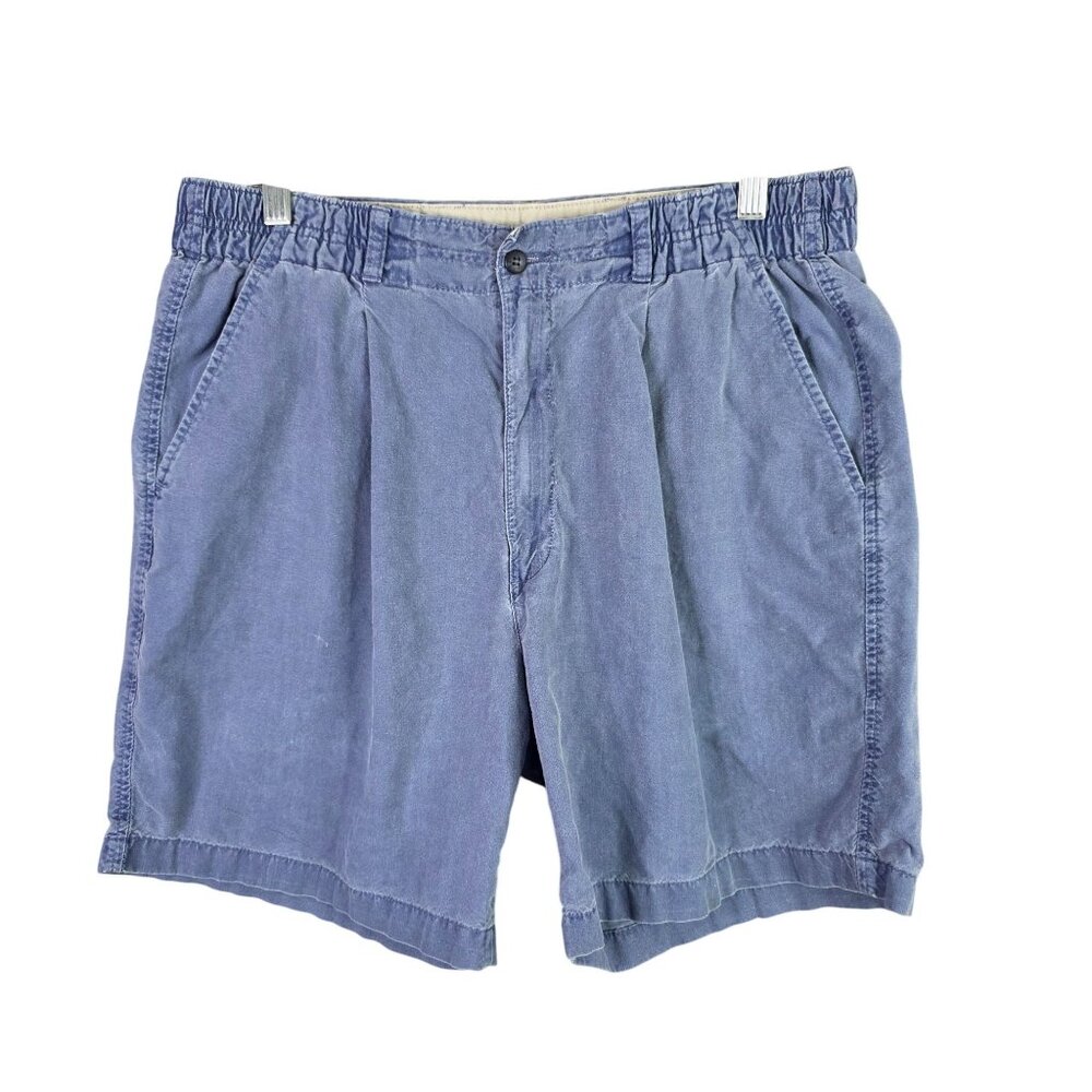Mens Vintage Blue Pleated Shorts 100% Cotton 8" Inseam Elastic Waist Size 36